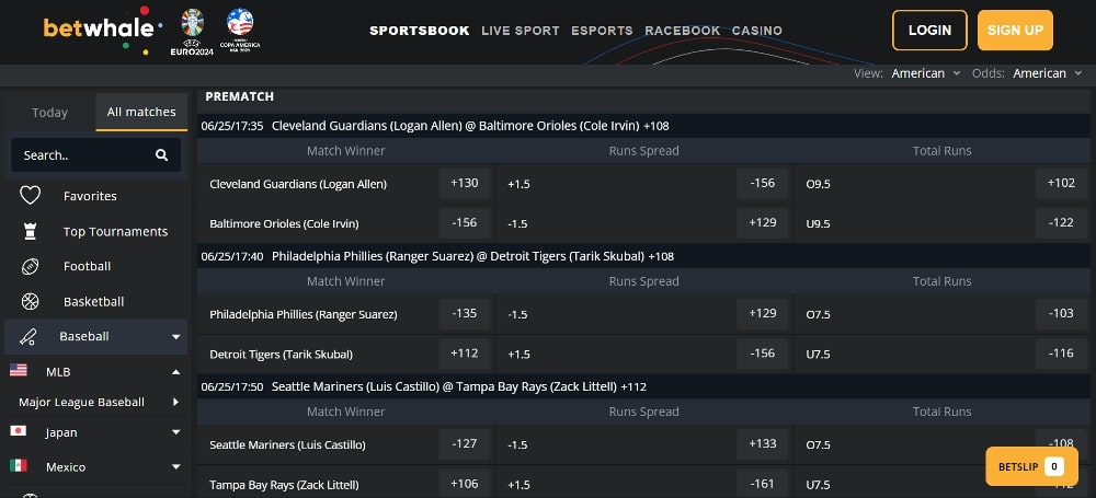 top Kentucky sports betting sites - MLB betting markets at Betwhale sportsbook