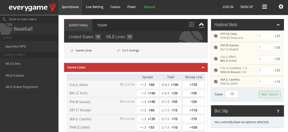 top KY betting sites - MLB betting markets at Everygame sportsbook