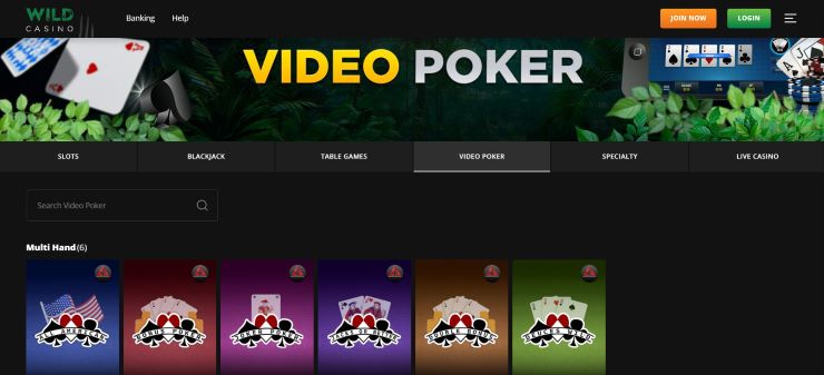 Wild Casino video poker page