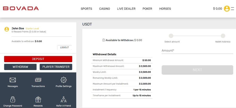 Bovada sportsbook withdrawal amount options