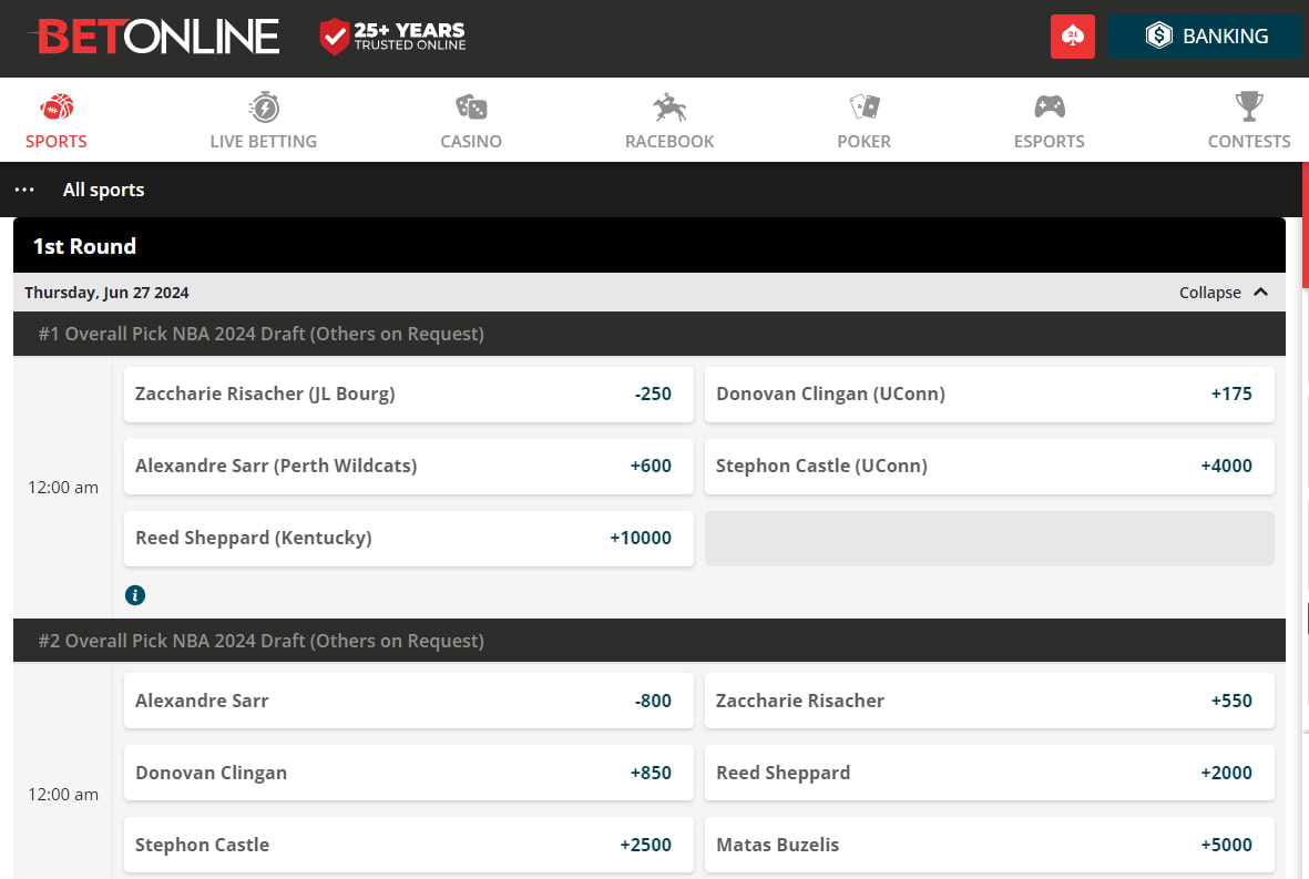 how to bet on NBA draft - first pick odds screenshot