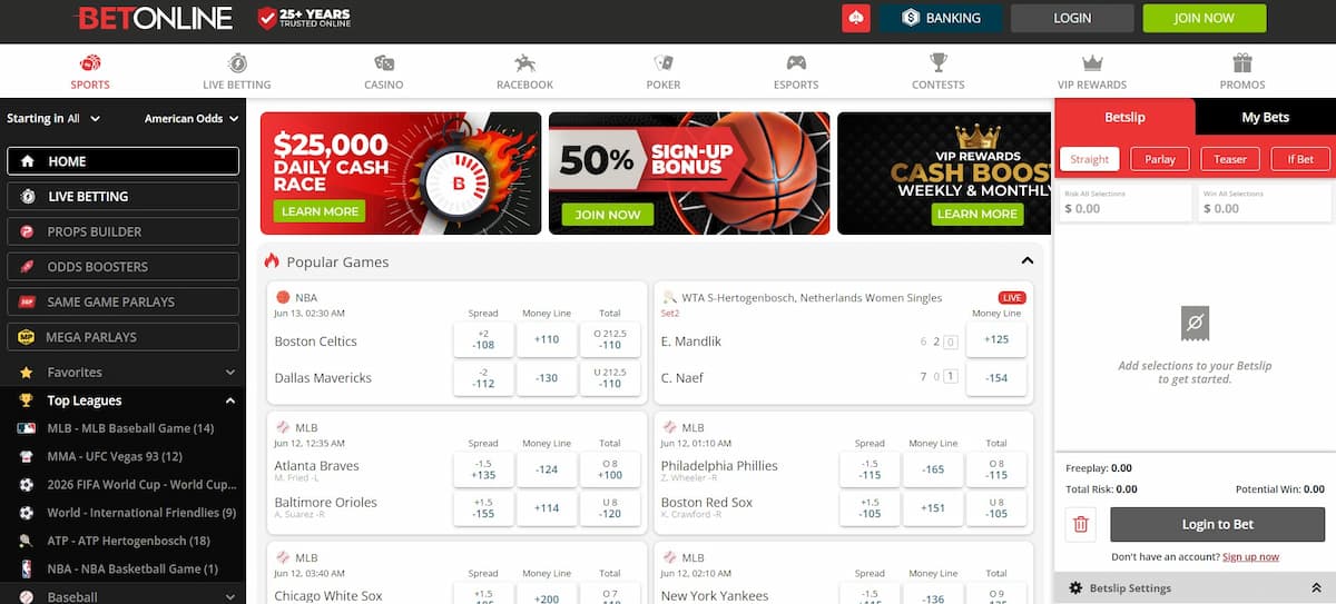 A screenshot of BetOnline's betting platform.