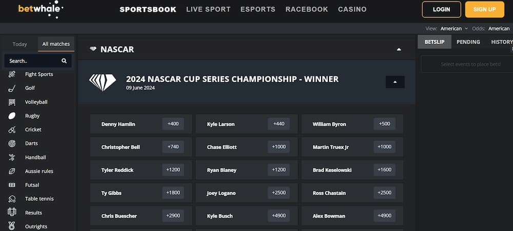 BetWhale's NASCAR Outright betting section