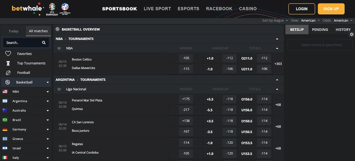 A screenshot of BetWhale's basketball & NBA betting section.