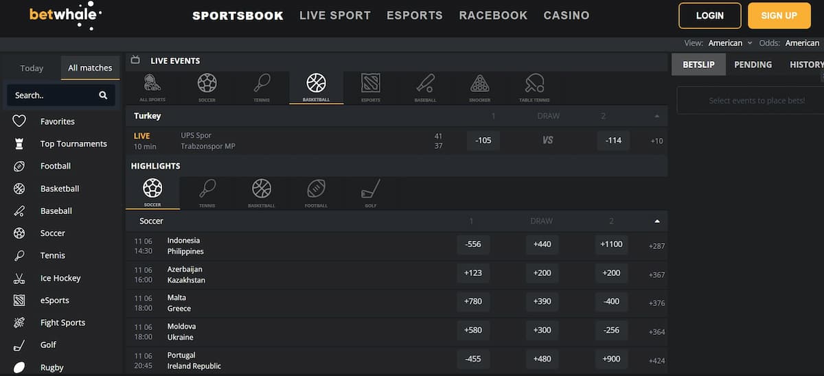 A screenshot of BetWhale - a leading sportsbook for sharp bettors.