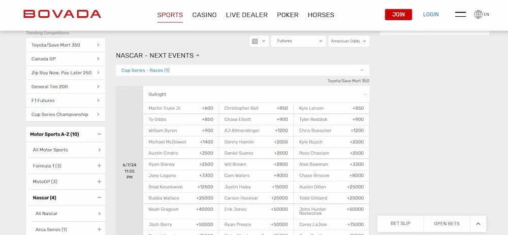 Bovada sportsbook's NASCAR futures betting options