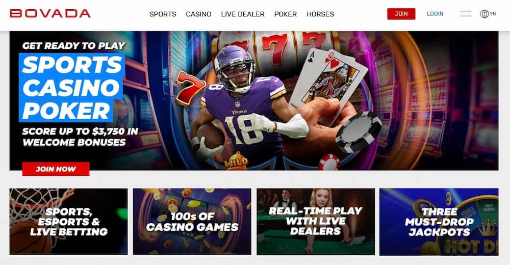 wisconsin betting sites Bovada's main page which features sportsbook, casino, and poker.