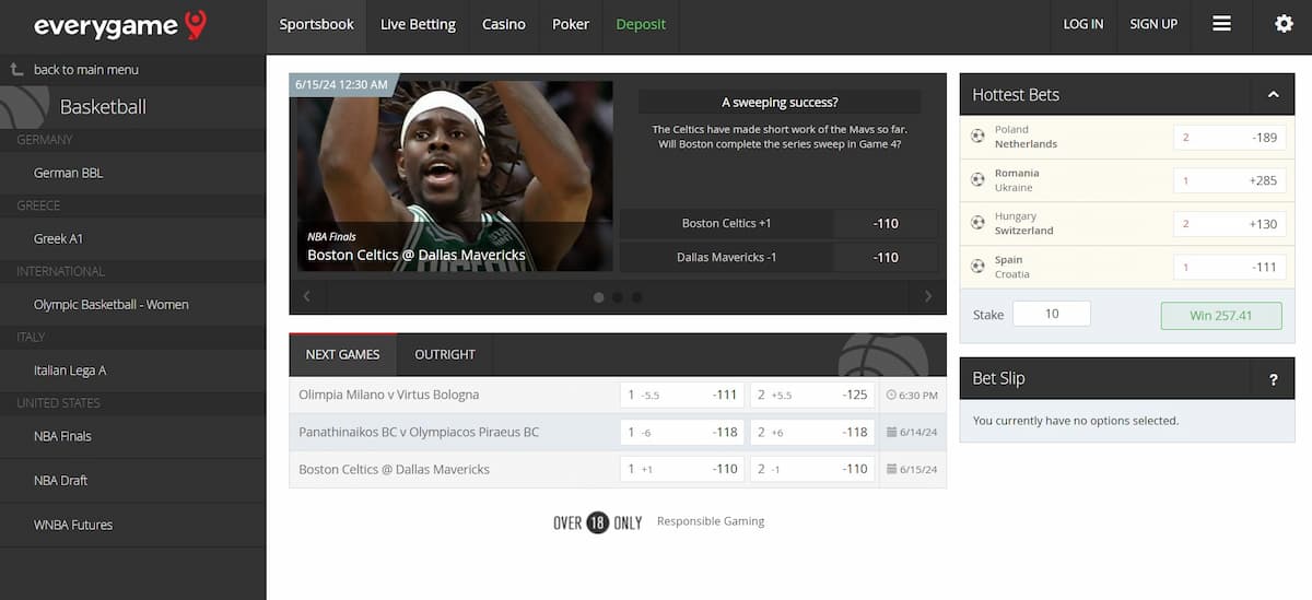 Everygame's sportsbook NBA basketball betting section