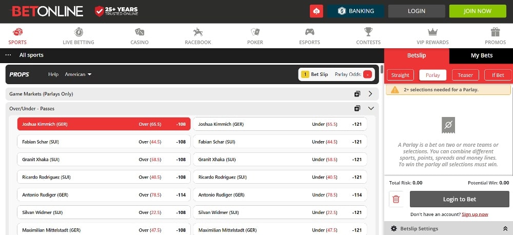 Euro 2024 betting markets - props example from BetOnline sportsbook