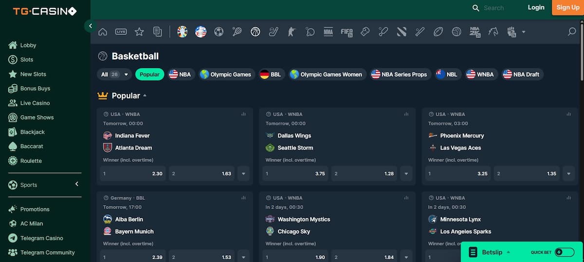 A screenshot of TG Casino NBA basketball betting section.
