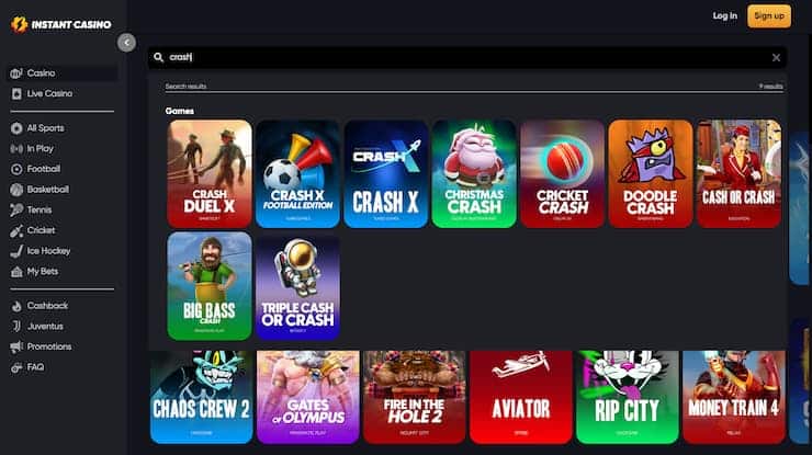 Instant Casino game lobby