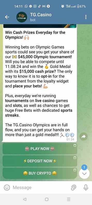 Deposit TG Casino via Telegram casino bot