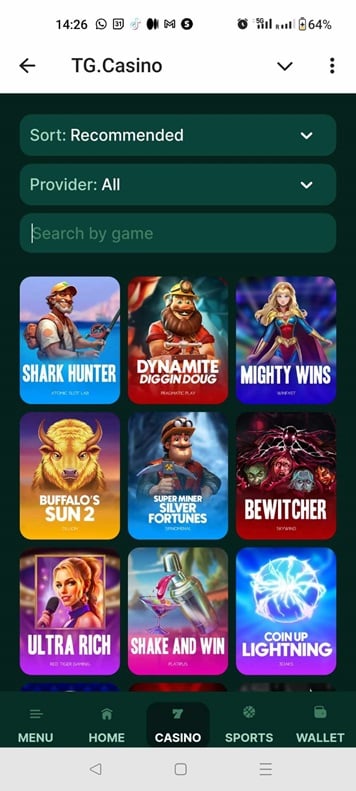 TG Casino games mobile