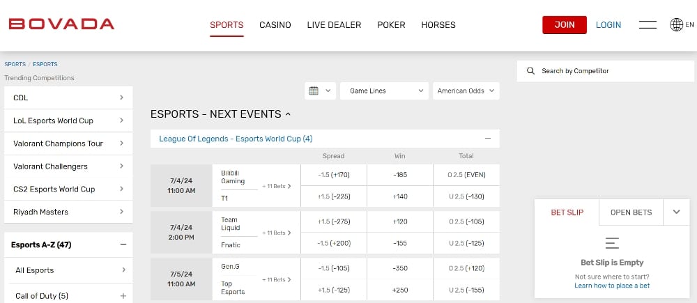 Bovada esports betting section