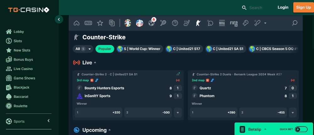 TG Casino esports betting section - counter strike odds