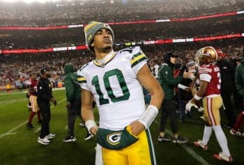 Green Bay Packers quarterback Jordan Love (10) leaves the field after losing to the San Francisco 49ers.