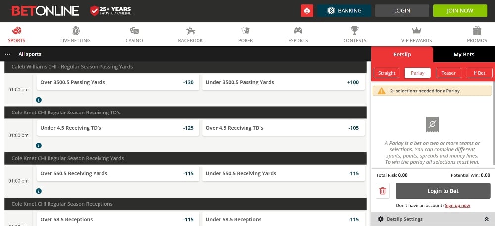 BetOnline NFL passing yards betting markets