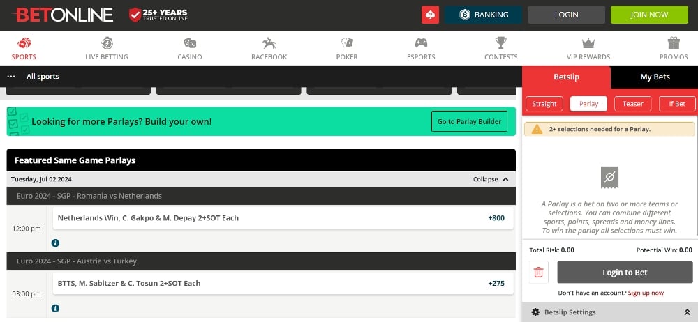 same game parlay betting - BetOnline build your own parlay