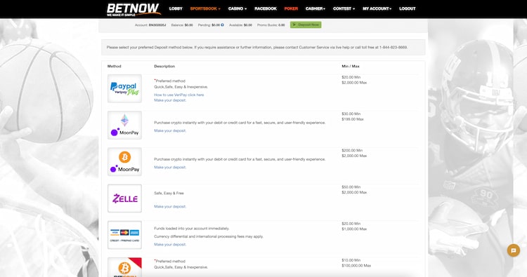 Choose from a range of BetNow deposit methods