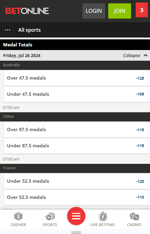 BetOnline mobile vapp - Olympics medals totals odds