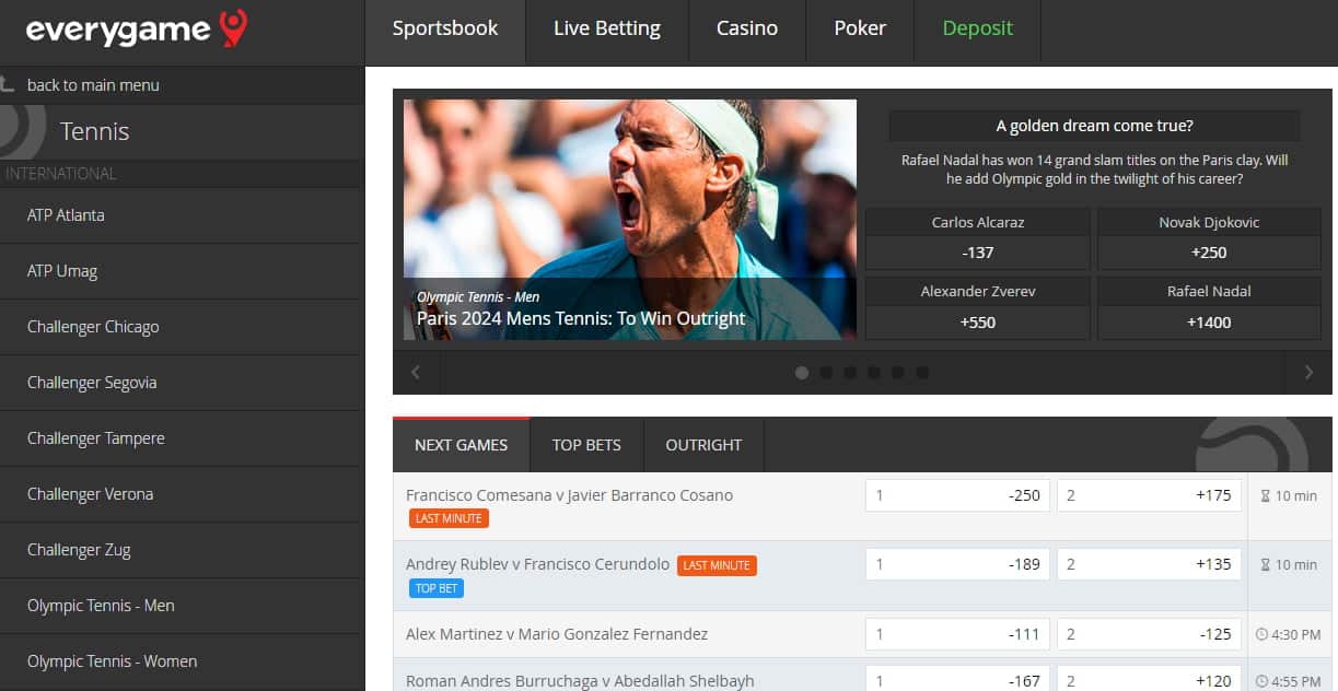 Everygame - one of the best tennis online sportsbooks