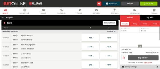 BetOnline boxing betting section