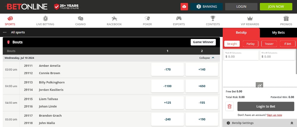 boxing moneyline betting odds at BetOnline