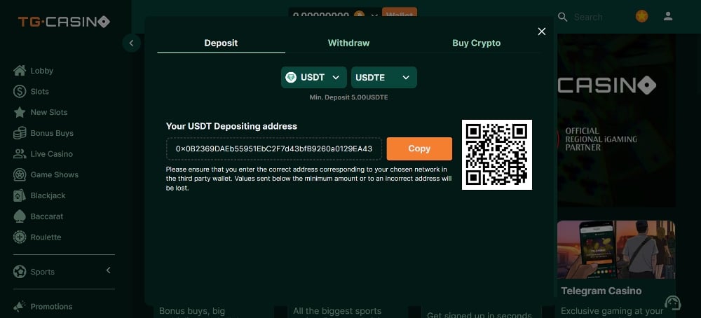 tether betting TG Casino deposit cryptos