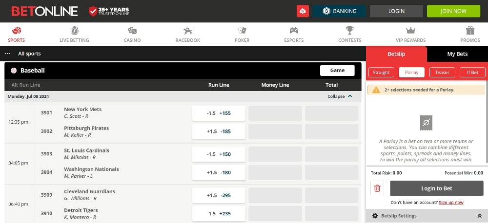 BetOnline alternate spread MLB odds screenshot