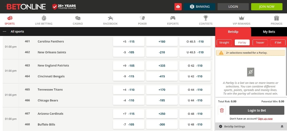 BetOnline alternate spread NFL odds screenshot