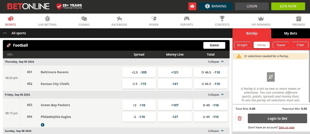 BetOnline alternate spread odds screenshot