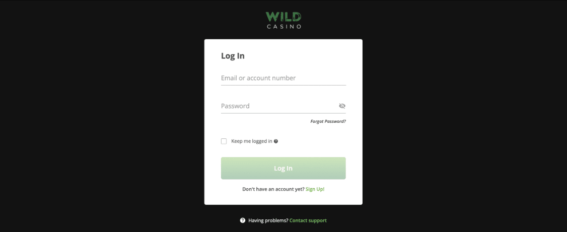 Wild Casino log in form