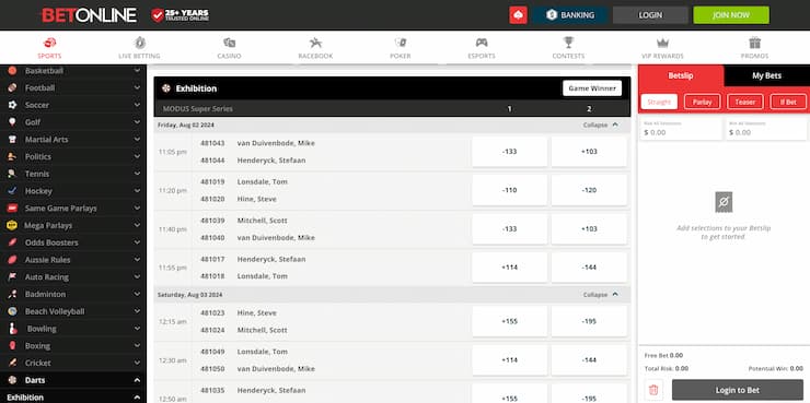 BetOnline darts odds - the best darts betting site