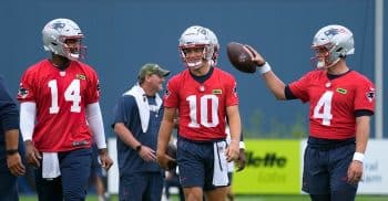 Caption: New England Patriots quarterbacks Jacoby Brissett, Drake Maye, and Bailey Zappe.