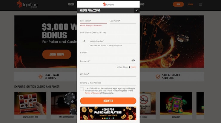 Ignition Casino registration form