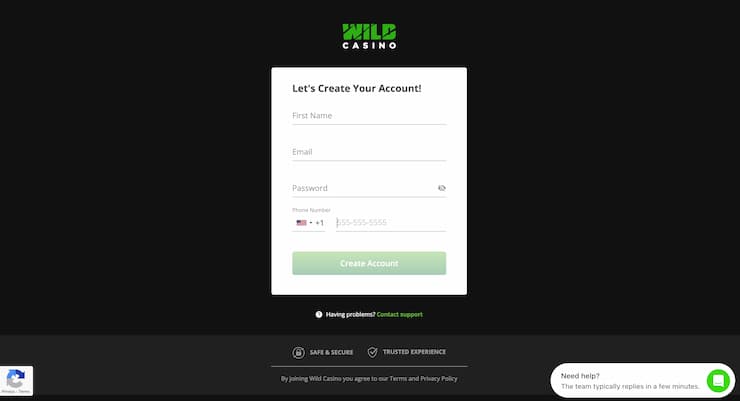 Wild Casino sign up registration details