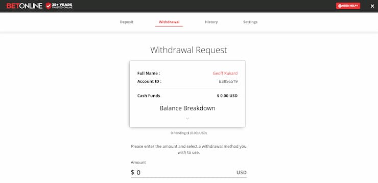 BetOnline withdrawal process - choose withdrawal amount