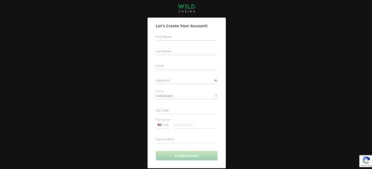 Wild Casino sign up form