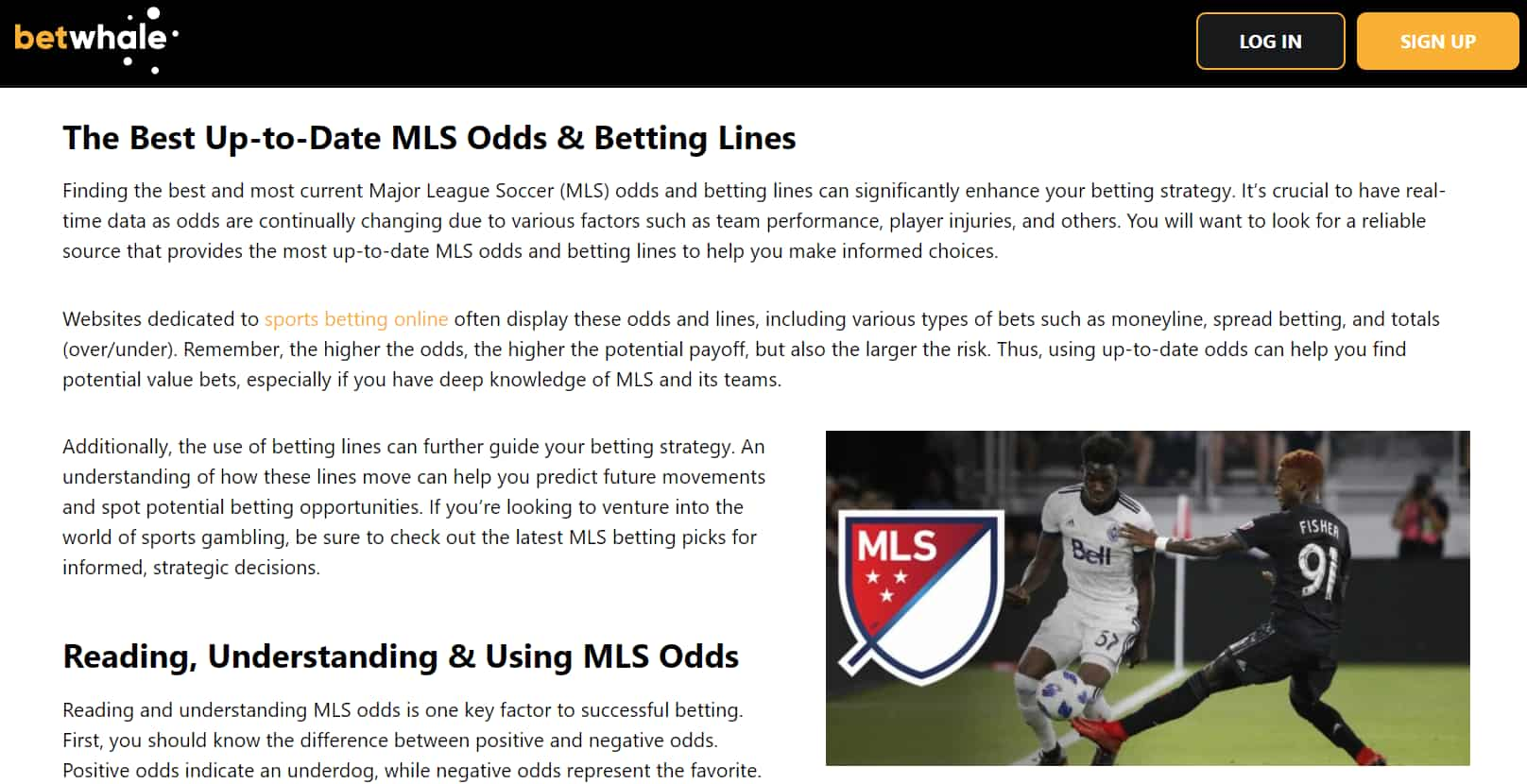 top MLS betting sites - BetWhale MLS betting odds screenshot