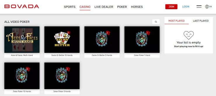 Bovada video poker casino section