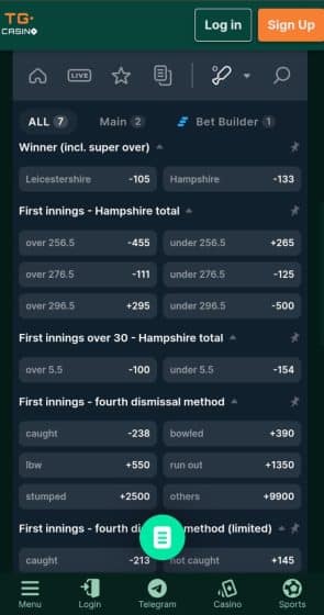 cricket betting sites odds at TG.Casino Mobile