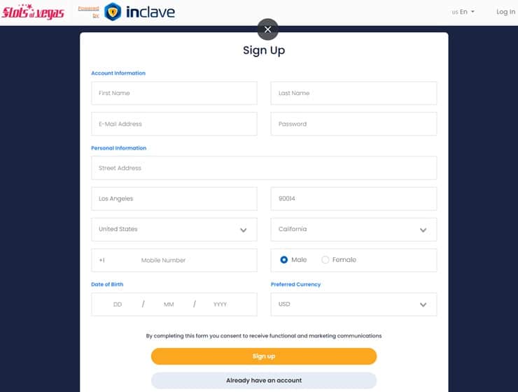 Slots of Vegas sign up form