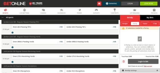 BetOnline sports betting markets and odds