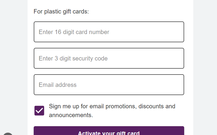 gift card activation form