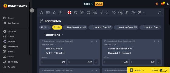 Instant Casino sports betting options