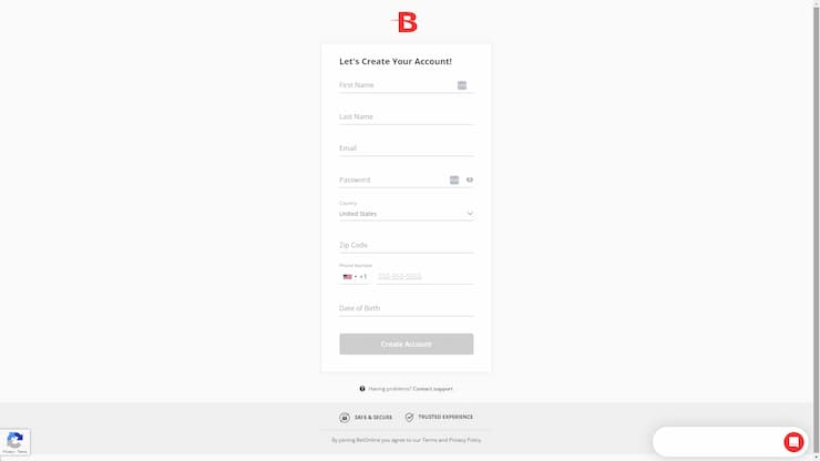 BetOnline registration form