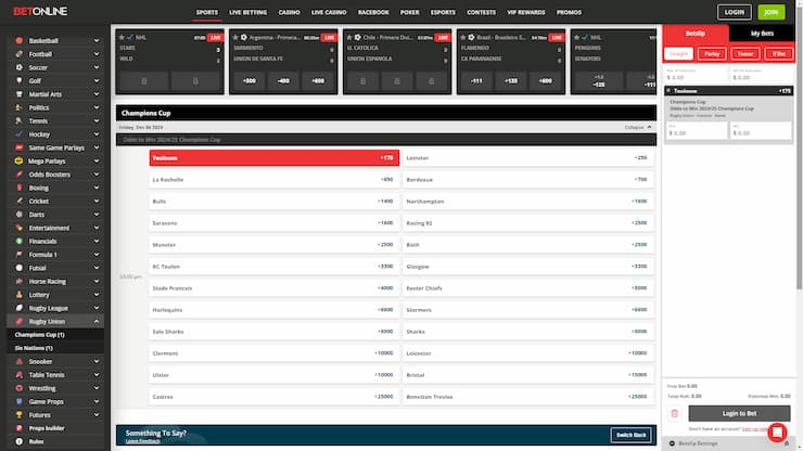 BetOnline rugby betting markets