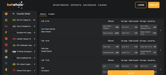 CSGO betting sites - BetWhale betting odds