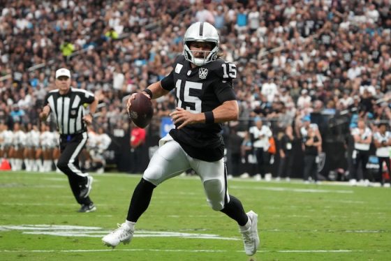 Las Vegas Raiders quarterback Gardner Minshew (15) throws the ball against the Carolina Panthers.