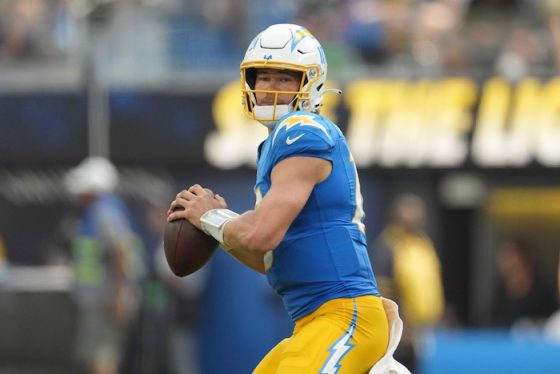 Los Angeles Chargers quarterback Justin Herbert (10) throws the ball against the Las Vegas Raiders.